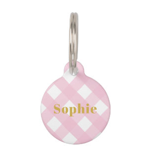 Modern Simple Pink Check Gingham Gold Monogram Pet Tag