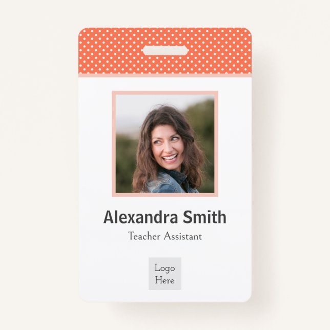 Modern Simple Pink Coral White Polka Dots ID Badge (Front)