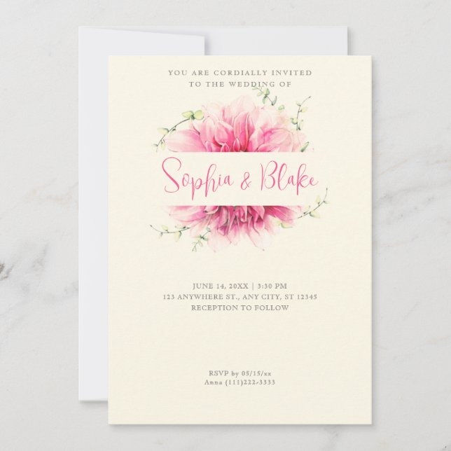 Modern Simple Pink Floral Framed Yellow Wedding Invitation (Front)