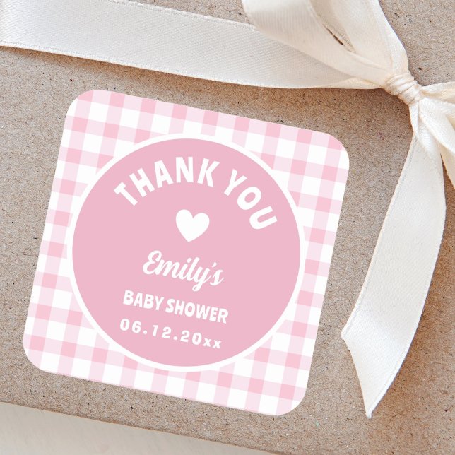 Modern Simple Pink Gingham Baby Shower Thank You Square Sticker (Creator Uploaded)