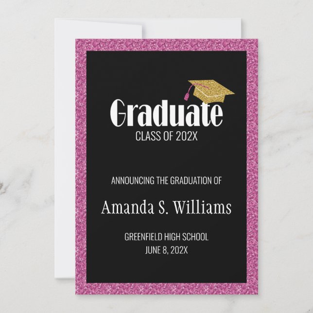 Modern Simple Pink Glitter Cap Graduation  Announcement (Front)