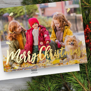 Modern Simple Playful Greetings Leaf Family Photo Foil Holiday Card