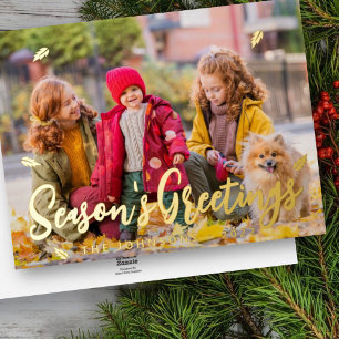 Modern Simple Playful Greetings Leaf Family Photo Foil Holiday Card