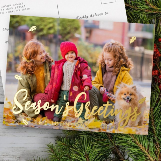 Modern Simple Playful Greetings Leaf Family Photo Foil Holiday Postcard (Creator Uploaded)