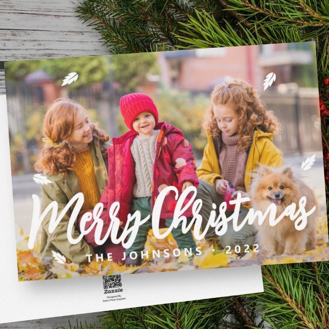 Modern Simple Playful Greetings Leaf Family Photo Holiday Card (Creator Uploaded)