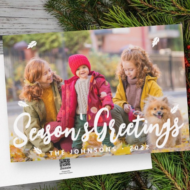 Modern Simple Playful Greetings Leaf Family Photo Holiday Card (Creator Uploaded)