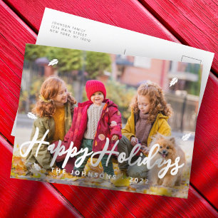 Modern Simple Playful Greetings Leaf Family Photo Holiday Postcard