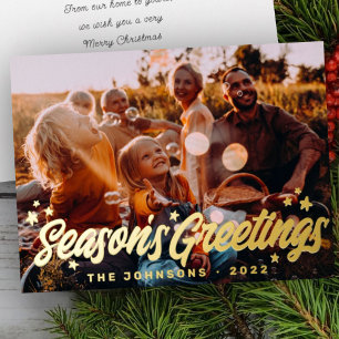 Modern Simple Playful Greetings Stars Family Photo Foil Holiday Card