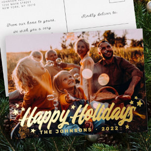 Modern Simple Playful Greetings Stars Family Photo Foil Holiday Postcard