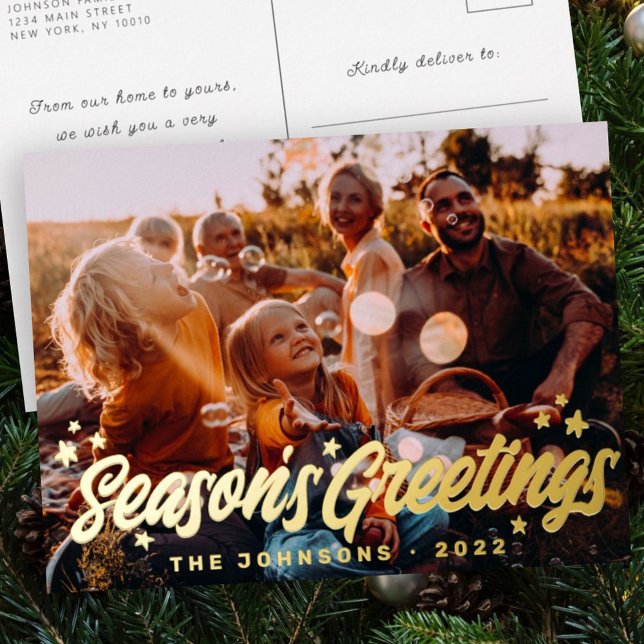 Modern Simple Playful Greetings Stars Family Photo Foil Holiday Postcard (Creator Uploaded)
