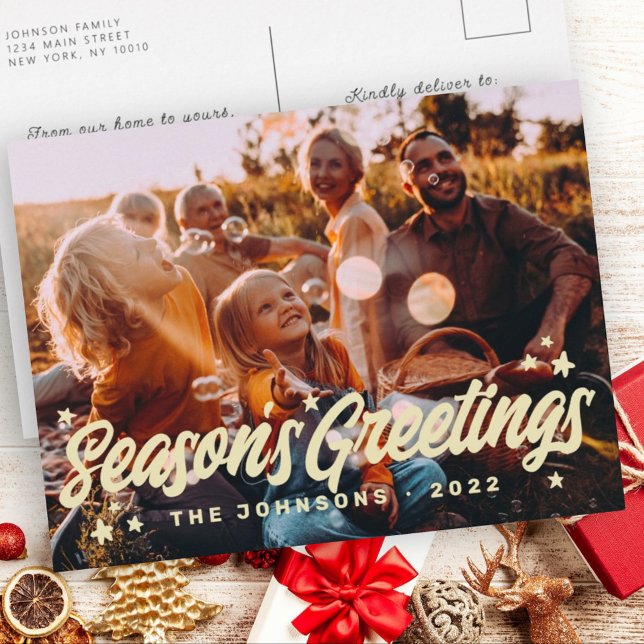 Modern Simple Playful Greetings Stars Family Photo Holiday Postcard (Creator Uploaded)