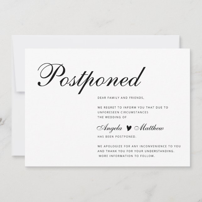 Modern & Simple Postpone Wedding Announcement card (Front)