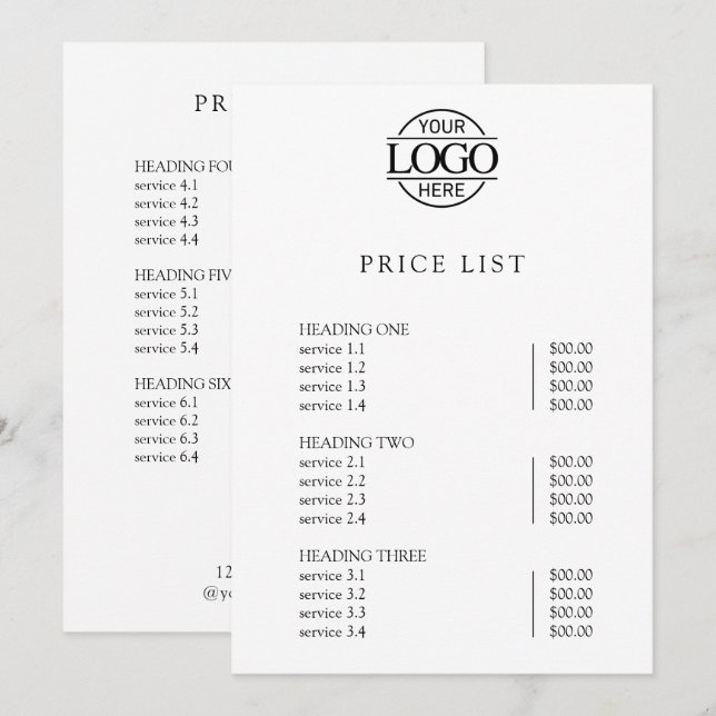 Modern Simple Professional Logo Menu Price List (Front/Back)