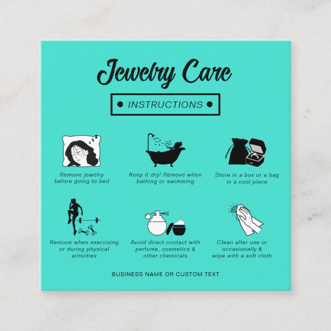 Modern Simple Professional Teal Jewellery Care Gui Square Business Card (Front)