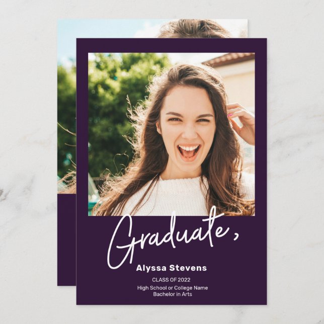 Modern simple purple 2 photos graduation announcement (Front/Back)