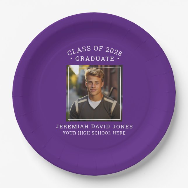 Modern Simple Purple and White Photo Graduation Paper Plate (Front)