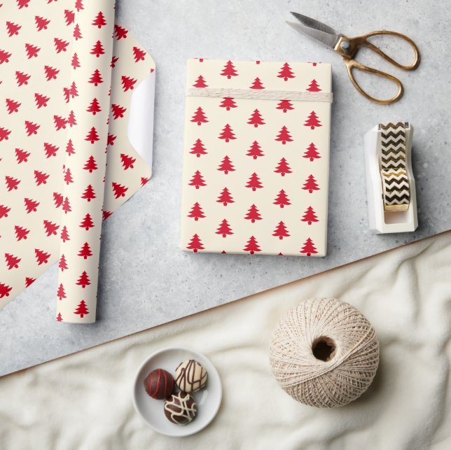 Modern Simple Red Christmas Trees on Beige Wrapping Paper (Crafts)