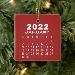 Modern Simple Red January 2022 Month Calendar Ceramic Ornament