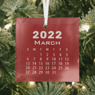Modern Simple Red March 2022 Month Calendar Glass Tree Decoration
