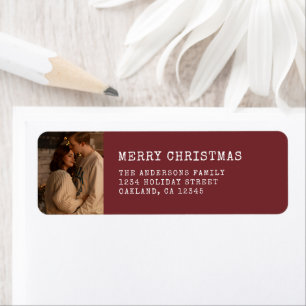 Modern Simple Red Merry Christmas Couple Photo Return Address Label