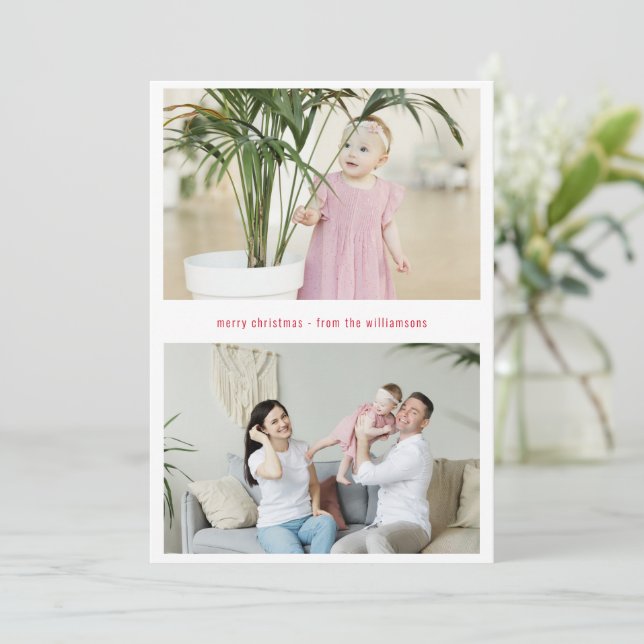 Modern Simple Red Merry Christmas Three Photo Holiday Card (Standing Front)