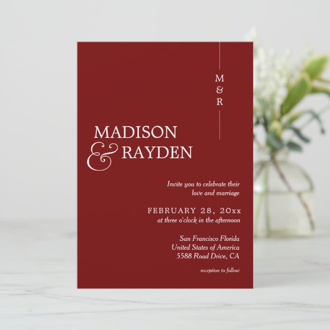 Modern Simple Red Monogram Photo Invitation (Standing Front)