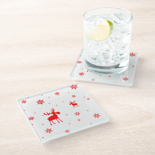 Modern Simple Red Moose Snowflakes Glass Coaster