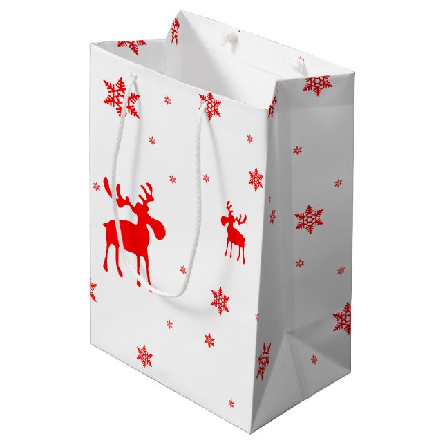 Modern Simple Red Moose Snowflakes Medium Gift Bag (Front Angled)