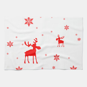 Modern Simple Red Moose Snowflakes Tea Towel