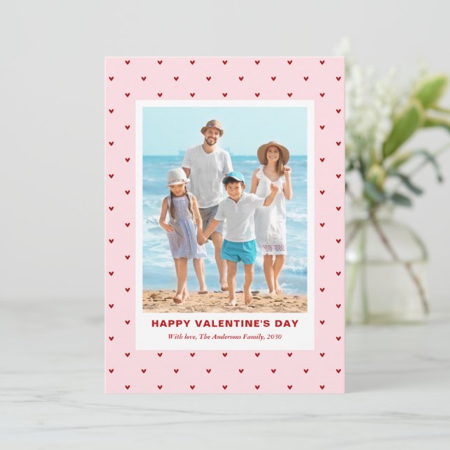 Modern Simple Red Pink Hearts Photo Valentines Day Holiday Card (Standing Front)