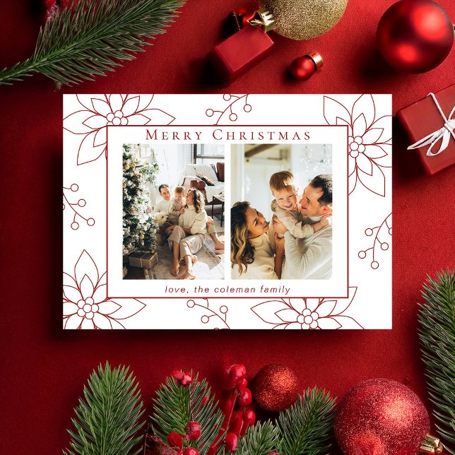 Modern Simple Red Poinsettia Two Photo Holiday Card (Creator Uploaded)