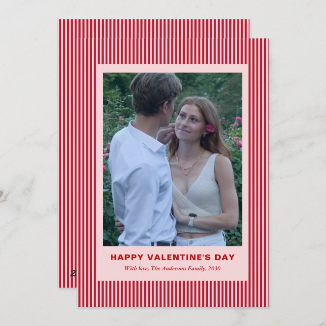 Modern Simple Red Stripes Two Photo Valentines Day Holiday Card (Front/Back)