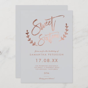 modern simple rose gold sweet 16 typography invitation