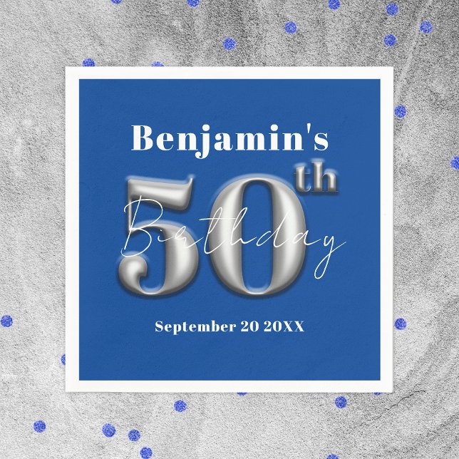 Modern Simple Royal Blue and Silver 50th Birthday Napkin (Creator Uploaded)