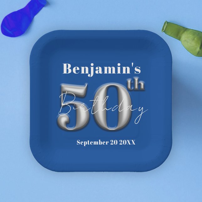 Modern Simple Royal Blue and Silver 50th Birthday Paper Plate (Creator Uploaded)