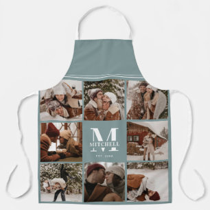 Modern Simple Sage Green Photo Collage Monogram Apron