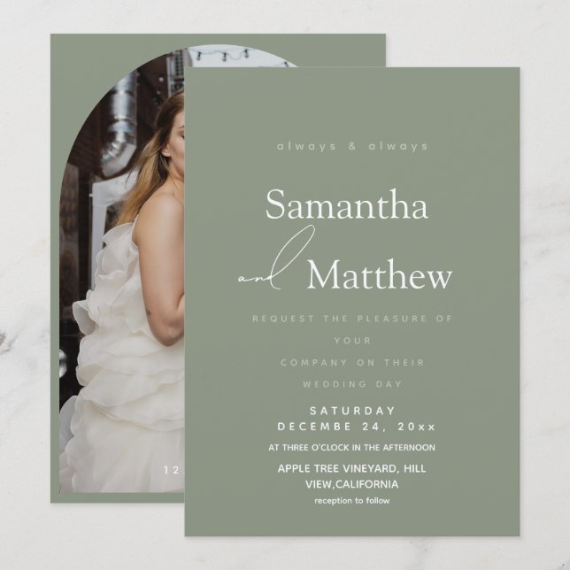 Modern Simple Sage Green Photo Wedding  Invitation (Front/Back)