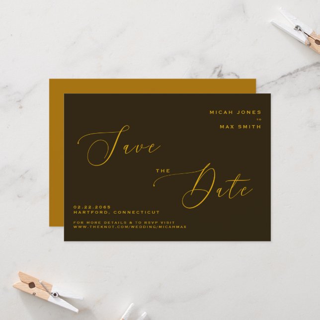  Modern Simple Save the Date Brown & Gold Invitation (Front/Back In Situ)