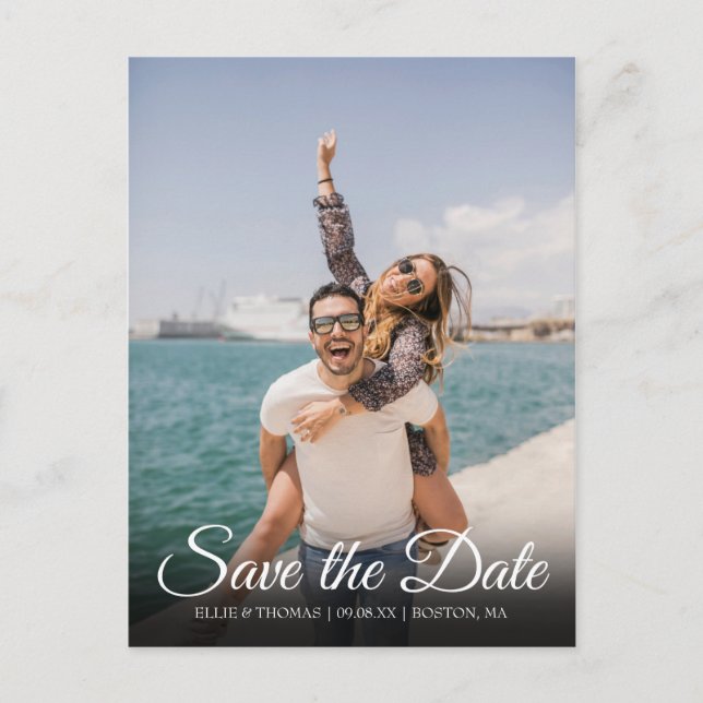 Modern Simple Save the Date Elegant Script Photo Announcement Postcard (Front)