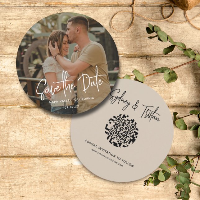 Modern Simple Save the Date Photo Overlay Wedding Invitation (Modern Simple and Rustic Round Photo Save the Date with Round QR Code - Beige)