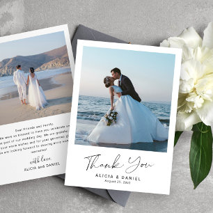 Modern simple script 2 photo wedding thank you card