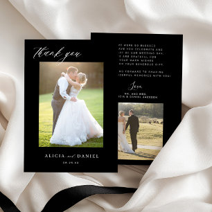 Modern simple script 2 photos black wedding Thank You Card