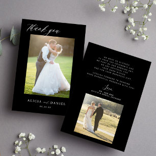 Modern simple script 2 photos black wedding Thank You Card