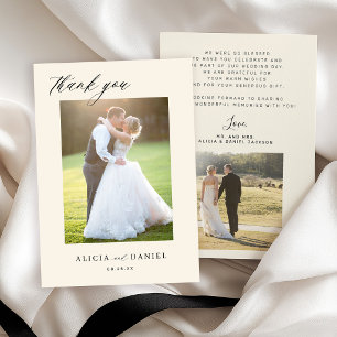 Modern simple script 2 photos ivory wedding Thank You Card