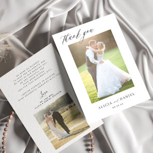 Modern simple script 2 photos wedding Thank You Card