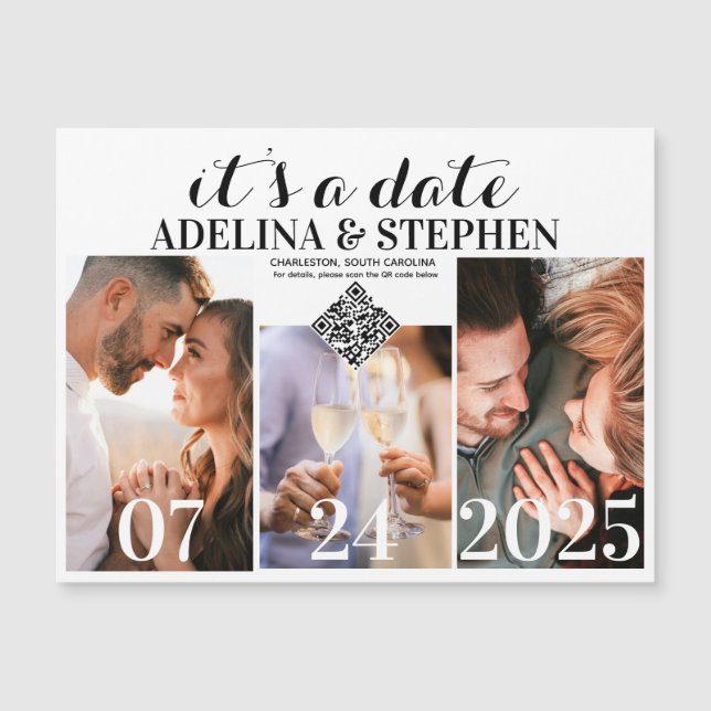 Modern Simple Script 3 Photo QR CODE Save The Date Magnetic Invitation (Front)
