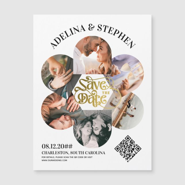 Modern Simple Script 6 Photo QR CODE Save The Date Magnetic Invitation (Front)