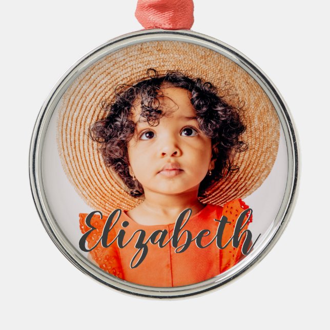 Modern Simple Script Add Your Name and Photo Metal Ornament (Front)