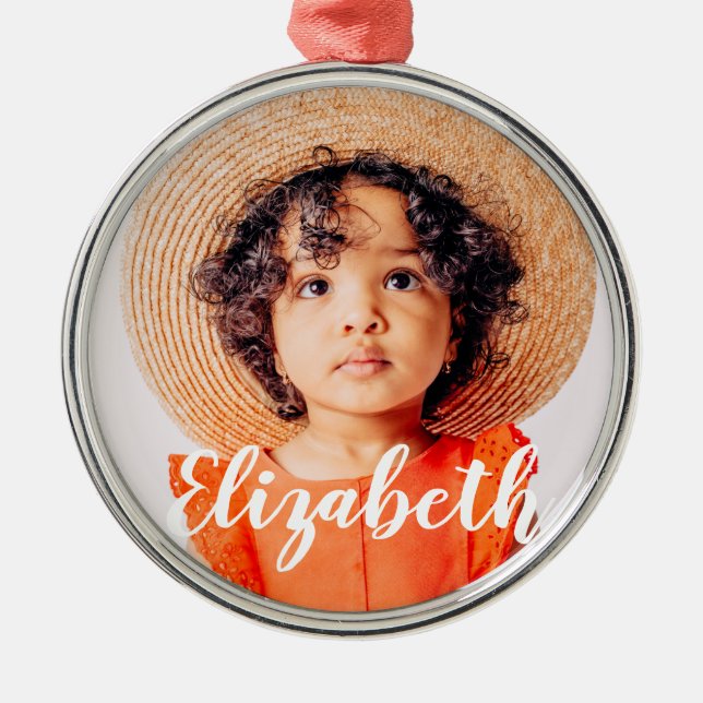 Modern Simple Script Add Your Name and Photo Metal Ornament (Front)