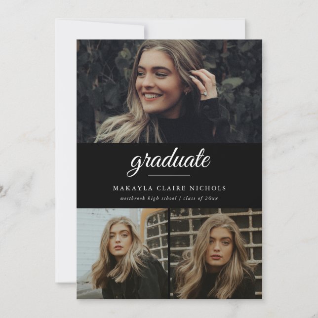 Modern Simple Script Black Three Photo Graduation Invitation (Front)